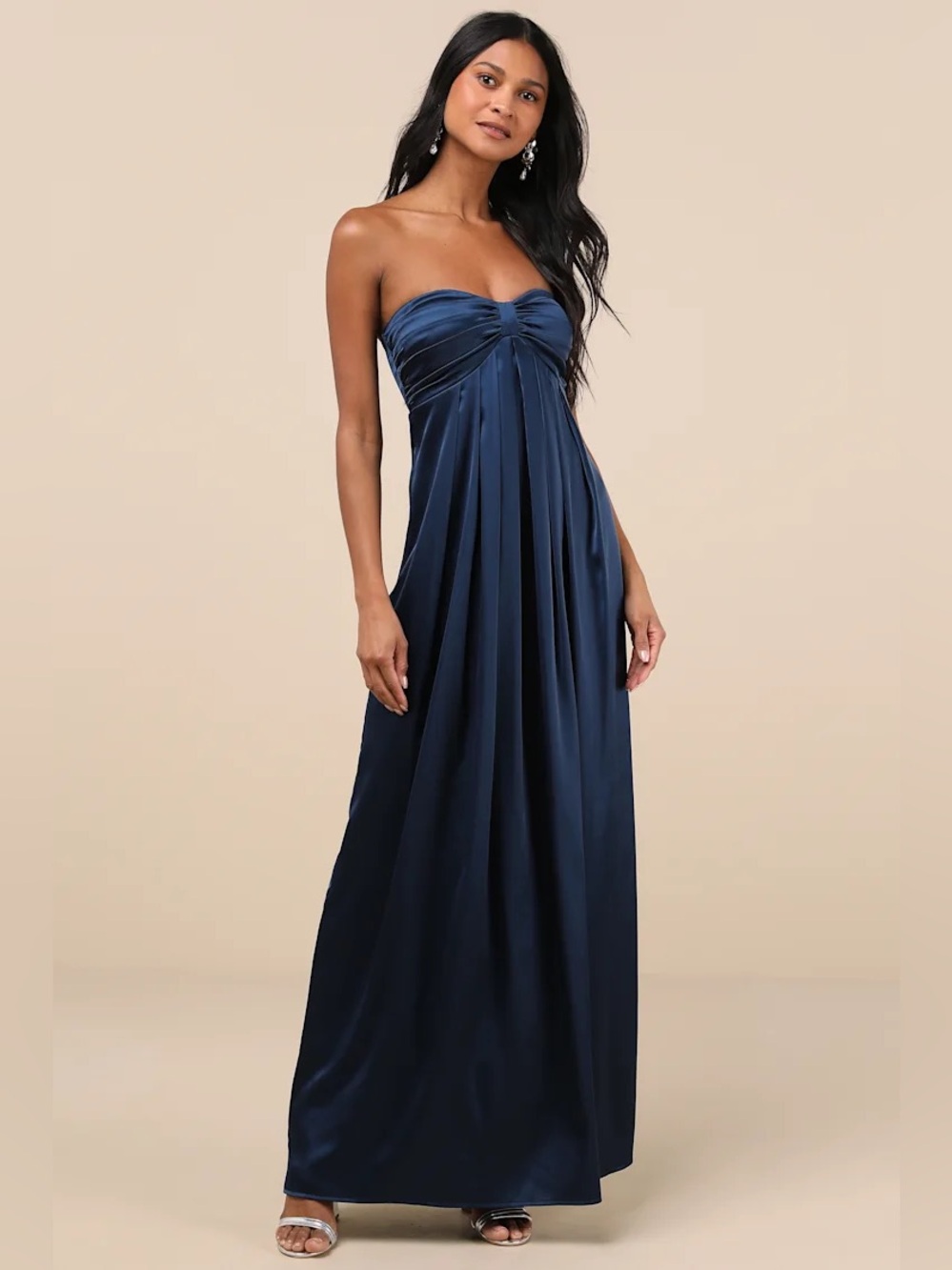 Lulu's Navy Strapless Satin Maxi Dress with Twist Bodice